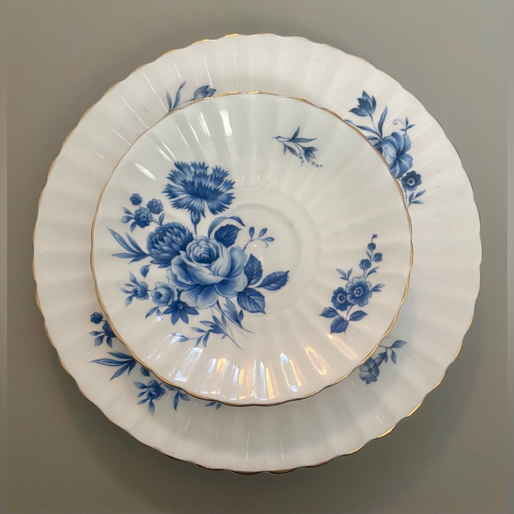 Royal Tuscan Bone China Saucer and Plate Blue Floral with Gold Gilt